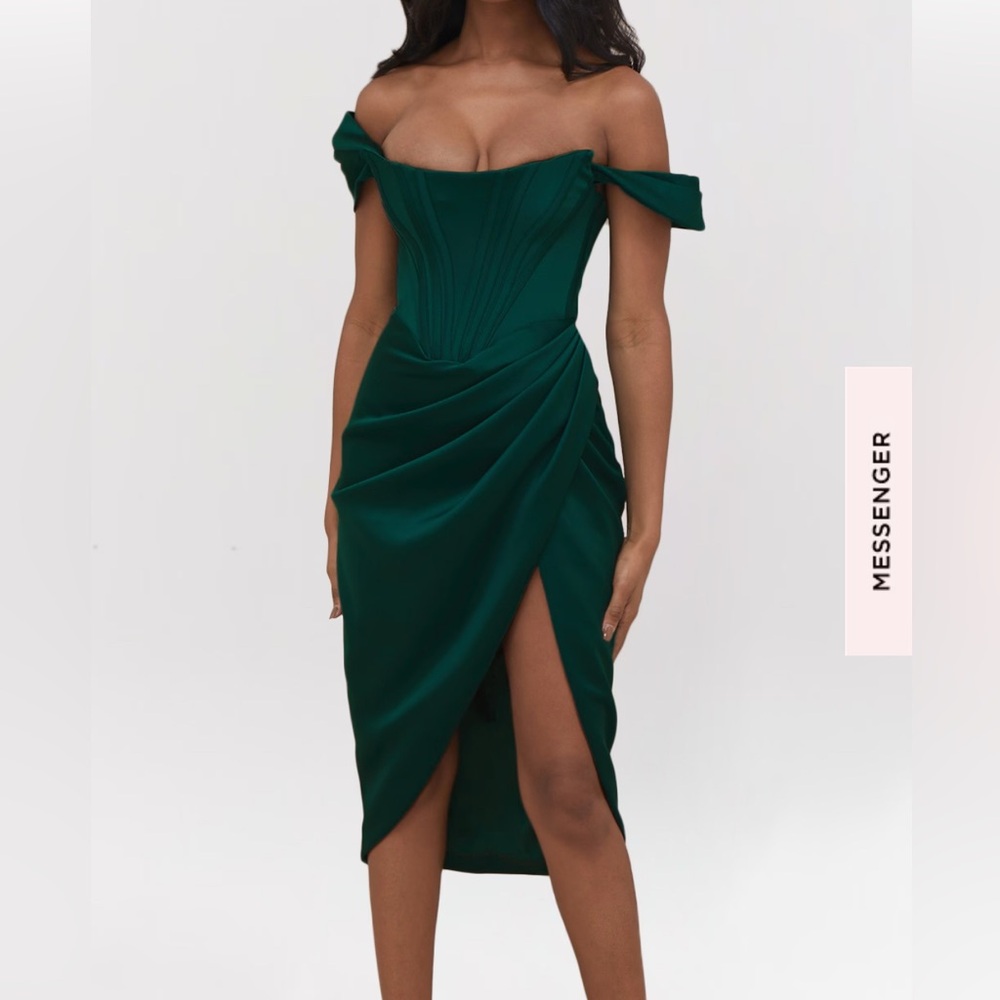 Loretta emerald green satin off shoulder dress